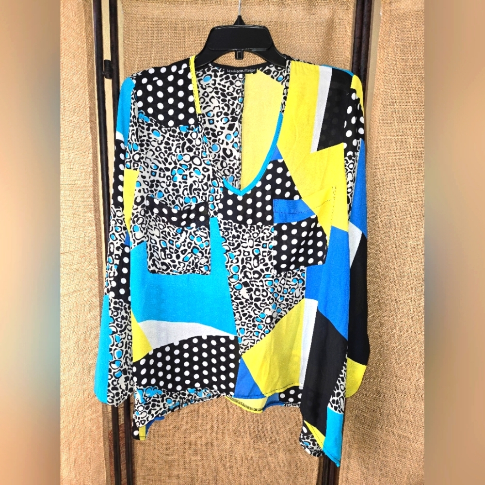 NWOT Women's Madison Paige Colorful Sheer Long Sleeve V Neck Size Medium